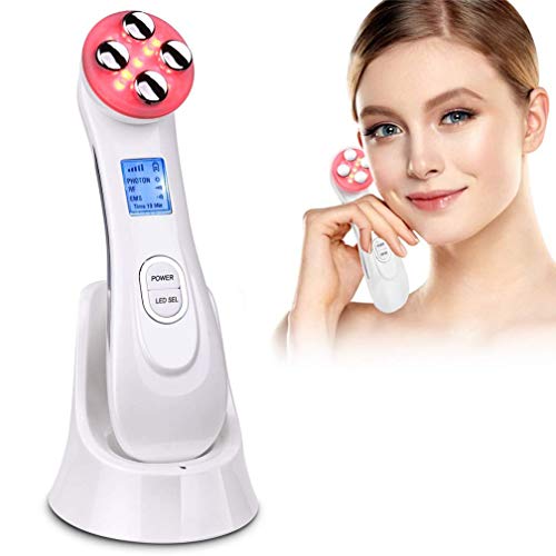 Facial Aparato Radiofrecuencia, Aparato Facial Ultrasonido, 5 Modos de Terapia de luz LED, Antiarrugas, Anti-envejecimiento, Rejuvenecimiento, Limpieza Profunda, Cuidado Facial, Buen Regalo para Damas