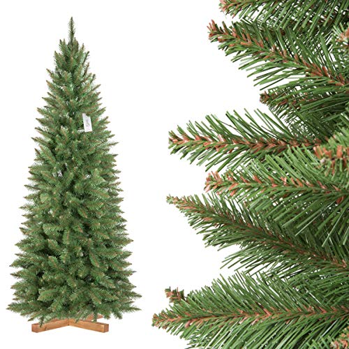 FairyTrees Árbol de Navidad Artificial, Pícea Natural Slim, Tronco Verde, PVC, Soporte de Madera, 180cm, FT12-180