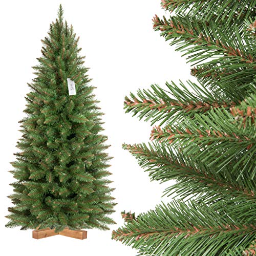 FairyTrees Pícea Natural Slim, Tronco Verde, Árbol de Navidad Artificial, PVC, Soporte de Madera, 150cm