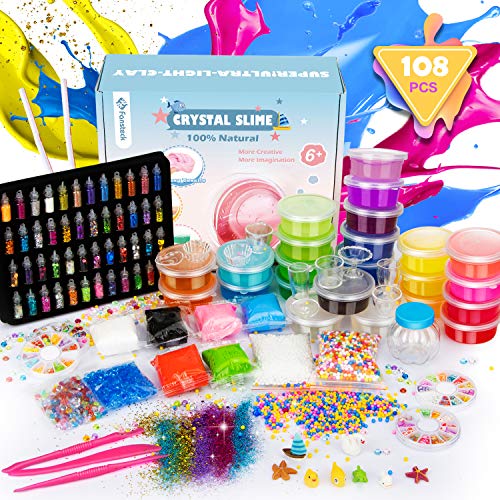 Fansteck DIY Slime Kit, Cola Cleopatre, Kit de Manualidades, Fabrica de Slime, Entretenimiento Niños 108 PCS: Fluffy, Purpurina, Borax, Cola Blanca, Regalo de Cumpleaños y Navidad para Niños 3+Años