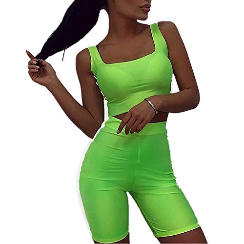 Fansu Conjunto Ropa Deportiva Mujer, Deportivos Entrenamiento Fitness Yoga Top y Pantalones Leggings Raya Lateral Set Chandal Estampada Running Pilates (S,Verde Fluorescente)