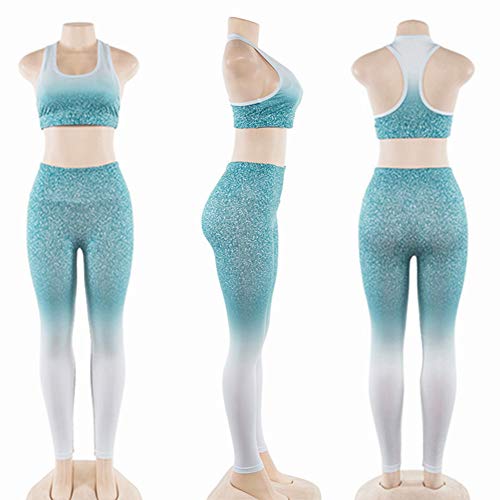 Fansu Conjunto Ropa Deportiva Mujer, Deportivos Entrenamiento Fitness Yoga Top y Pantalones Leggings Raya Lateral Set Chandal Estampada Running Pilates (S,Azul Verde Blanco)