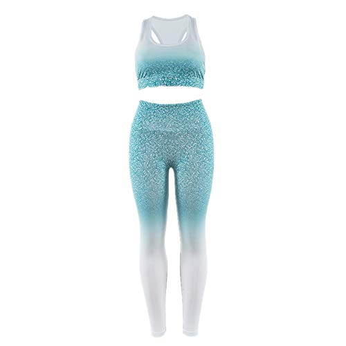 Fansu Conjunto Ropa Deportiva Mujer, Deportivos Entrenamiento Fitness Yoga Top y Pantalones Leggings Raya Lateral Set Chandal Estampada Running Pilates (S,Azul Verde Blanco)