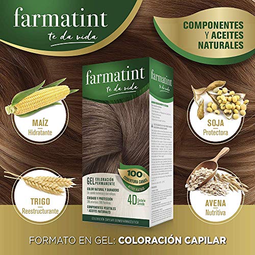 Farmatint Gel 4D Castaño Dorado | Color natural y duradero | Componentes vegetales y aceites naturales | Sin amoníaco | Sin Parabenos | Dermatológicamente testado