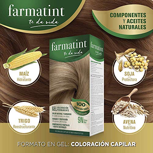 Farmatint Gel 9N Rubio Miel | Color Natural y Duradero | Componentes Vegetales y Aceites Naturales | sin Amoníaco | Sin Parabenos | Dermatológicamente Testado