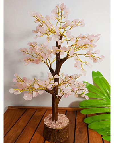 FASHIONZAADI Rose Quartz Natural Stone Feng Shui Bonsai Money Tree For Chakra Balancing Good Luck EMF Protection Healing Table Décor Health Prosperity Size 10-12 Inch (Golden Wire)