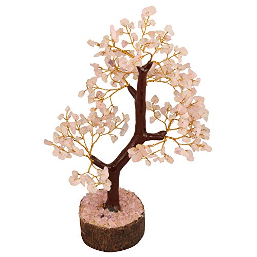 FASHIONZAADI Rose Quartz Natural Stone Feng Shui Bonsai Money Tree For Chakra Balancing Good Luck EMF Protection Healing Table Décor Health Prosperity Size 10-12 Inch (Golden Wire)