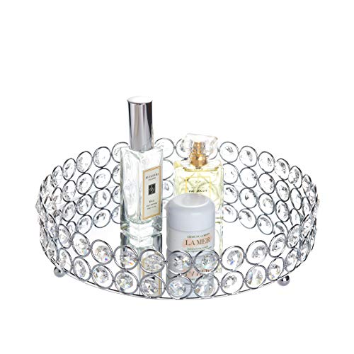 Feyarl - Bandeja de perfume con cuentas de cristal plateadas, bandeja redonda cosmética, organizador de joyas, bandeja de tocador con espejo decorativa para el cuidado de la piel del perfume del hogar