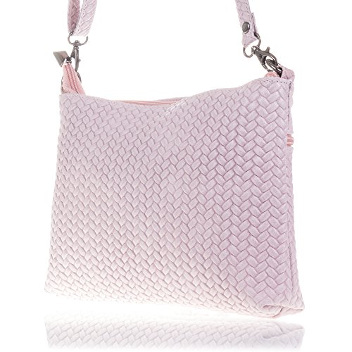 Firenze Artegiani Bolso de Mujer en Piel auténtica Gamuza, Grabado con Motivo Trenzado en Espiga y Lacado, 27 cm, Rosa Claro