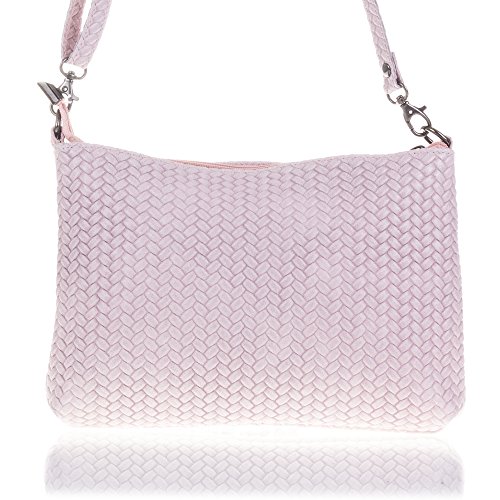 Firenze Artegiani Bolso de Mujer en Piel auténtica Gamuza, Grabado con Motivo Trenzado en Espiga y Lacado, 27 cm, Rosa Claro