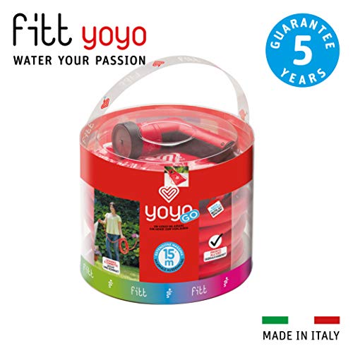 FITT YOYO GO Manguera de Agua de Jardín Extensible para Riego Profesional con Mochila para el Transporte, Pistola Multichorro, Rojo, 15 m