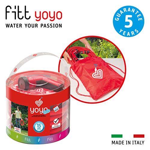 FITT YOYO GO Manguera de Agua de Jardín Extensible para Riego Profesional con Mochila para el Transporte, Pistola Multichorro, Rojo, 15 m