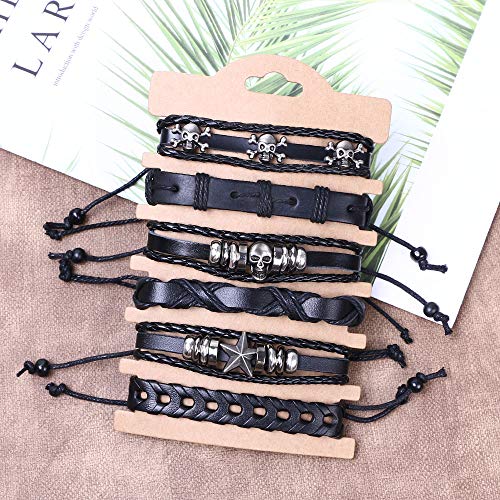 flintronic® Pulsera Hombre, 6 Piezas Personalidad Retro Tejida Pulsera de Traje de Cuero Multicapa, Pulseras Retro, Moda Pulsera de Cuero Brazalete Trenzado Roccia Punk, Ajustable (#3 Serie)