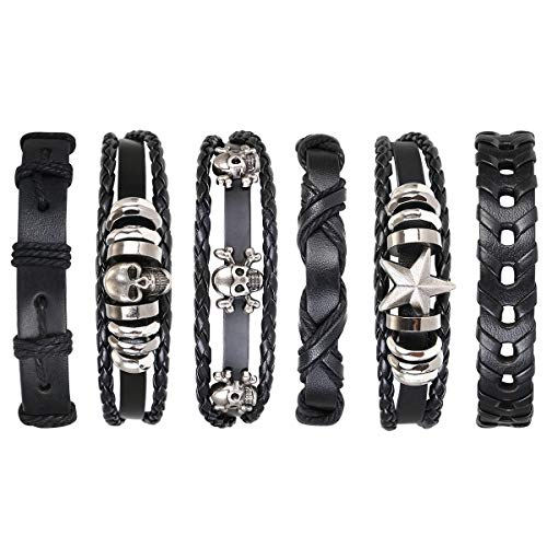 flintronic® Pulsera Hombre, 6 Piezas Personalidad Retro Tejida Pulsera de Traje de Cuero Multicapa, Pulseras Retro, Moda Pulsera de Cuero Brazalete Trenzado Roccia Punk, Ajustable (#3 Serie)