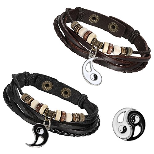 Flongo 2 Piezas Pulseras para Parejas Enamorados, Yin Yang Tai Chi Colgantes Negro Blanco, Pulseras Tribal de Cuero Trenzadas, Buen Regalo de San Valentin/Navidad