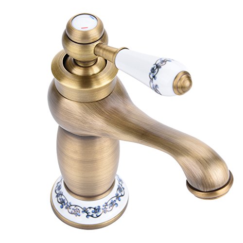 Flor de La Vendimia Sola Manija Faucet Faucet Faucet Latón Agua Caliente Cocina Baño Cuenca decoración Hotel (Antiguo) (19 * 16.5 * 6.4cm / 7.48 * 6.5 * 2.52in)