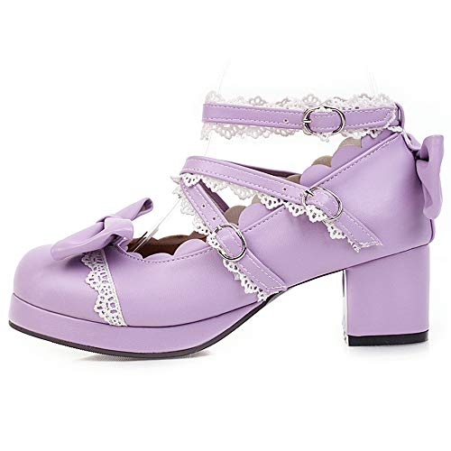 FOLOPOBO Mujer Sweet Lazos Lolita Zapatos with Lace Tacón Ancho Punta Redonda Pumps Tira de Tobillo Vestido Zapatos Purple Talla 39 Asiática