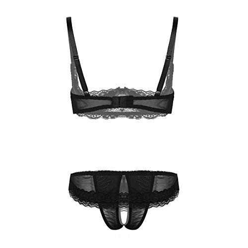 Freebily Lenceria Erotica Conjunto Mujer Ropa Interior Sexi de Encaje Entrepierna Abierta Atractiva Pasión Traje de Dormir de Noche Picante Negro X-Large