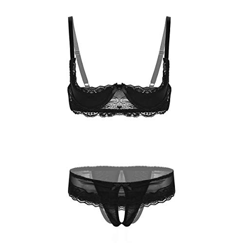 Freebily Lenceria Erotica Conjunto Mujer Ropa Interior Sexi de Encaje Entrepierna Abierta Atractiva Pasión Traje de Dormir de Noche Picante Negro X-Large