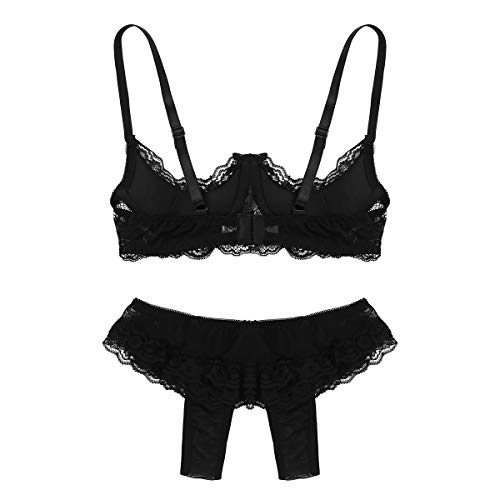 Freebily Lenceria Erotica Conjunto Mujer Ropa Interior Sexi de Encaje Entrepierna Abierta Atractiva Pasión Traje de Dormir de Noche Picante Negro X-Large