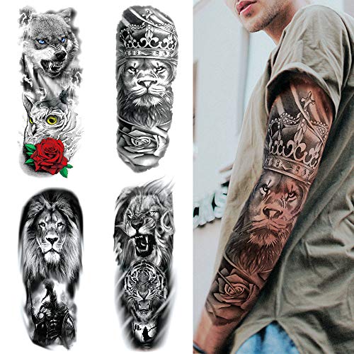 Full Brazo Tatuajes Temporales, Feelairy Grandes Tatuajes Falso Brazo Completo Negro, Tatuaje Temporal Adultos Tatuaje Cuerpo Pegatinas Animales para Hombres Mujeres, Lobo, León, Tigre (4 Hojas)