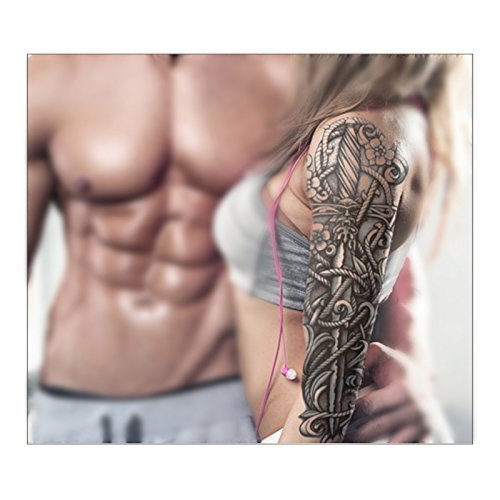 Full Brazo tatuajes temporales, Konsait Grande Tatuaje Temporales Mangas negro tatuaje cuerpo pegatinas para adultos hombre mujer, calavera, Rosa (4 hojas)