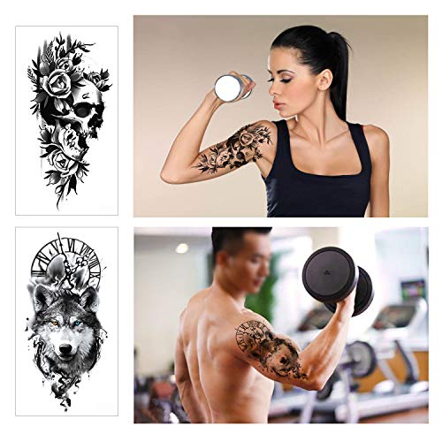 Full Brazo tatuajes temporales, Konsait Grande Tatuaje Temporales Mangas negro tatuaje cuerpo pegatinas para adultos hombre mujer Lobo león dragón rosa Negro Tatuaje Temporal (16 hojas)