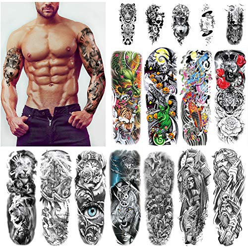 Full Brazo tatuajes temporales, Konsait Grande Tatuaje Temporales Mangas negro tatuaje cuerpo pegatinas para adultos hombre mujer Lobo león dragón rosa Negro Tatuaje Temporal (16 hojas)