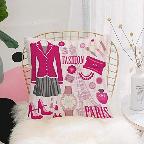 Funda De Cojine Funda de Almohada,Moda, tema de moda en París con atuendos Vestido Reloj Monedero Perfume Parisienne Landmar,Fundas de Cojín con Cremallera - Fundas de Almohada para Sofá y Cama45x45cm