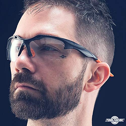 Gafas de Seguridad ToolFreak Finisher para el trabajo y el deporte, Lentes Claras, 99,9% protección ultravioleta e impacto, Incluye Cordón de Cuello y Bolsa de Microfibra