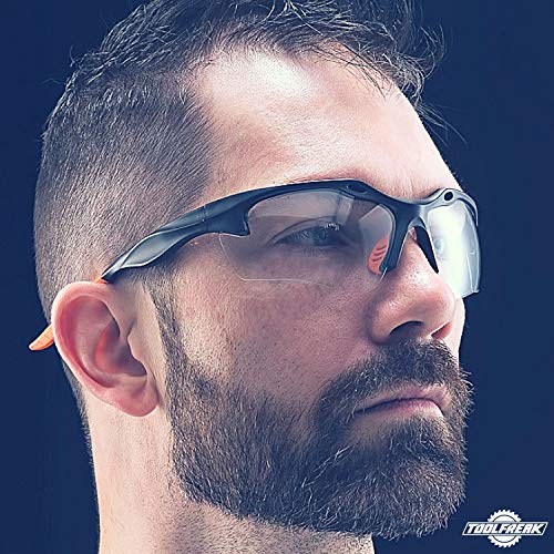 Gafas de Seguridad ToolFreak Finisher para el trabajo y el deporte, Lentes Claras, 99,9% protección ultravioleta e impacto, Incluye Cordón de Cuello y Bolsa de Microfibra