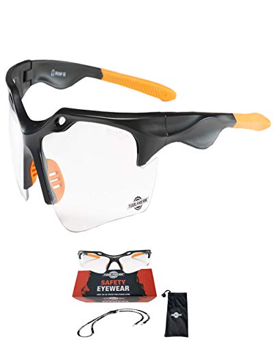 Gafas de Seguridad ToolFreak Finisher para el trabajo y el deporte, Lentes Claras, 99,9% protección ultravioleta e impacto, Incluye Cordón de Cuello y Bolsa de Microfibra