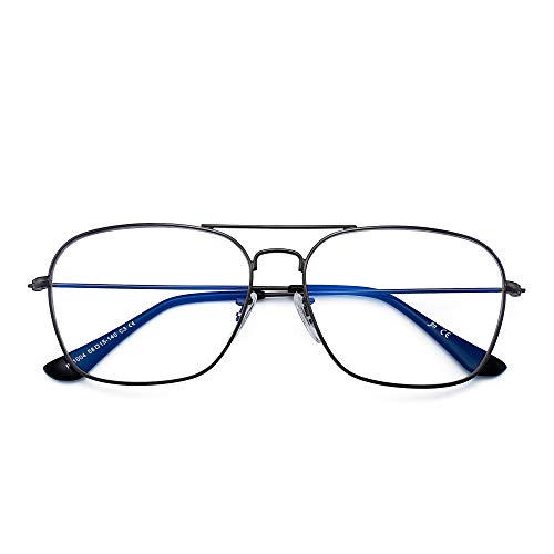 Gafas de Vista Aviador Bloqueo Luz Azul Computadora Mujer Hombre, Cuadradas Proteger Ojos Vídeo Anteojos Anti Deslumbramiento (Marco Gunmetal Punta del Templo Negro)