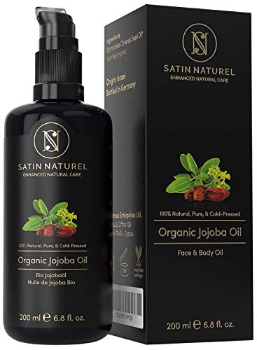 GANADOR 06/20* Aceite de Jojoba ORGÁNICO - Vegano + Prensado en Frío - Rico en Vitamina E para una Piel Suave y Pelo y Uñas Sanas - Envasado en Botella de Vidrio de 200 ml - 100% Puro y Natural