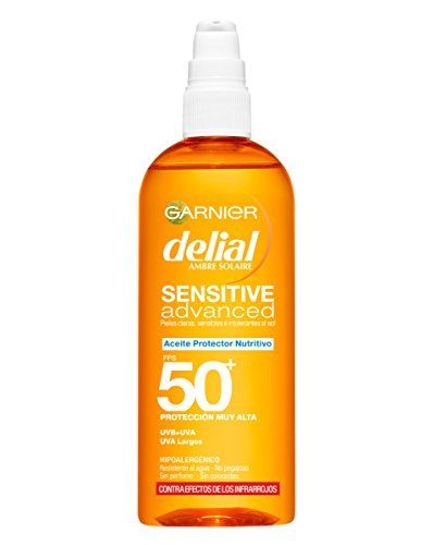 Garnier Delial Sensitive Advanced - Aceite Protector Solar para Pieles Claras, Sensibles e Intolerantes al Sol, IP50+ - 150 ml