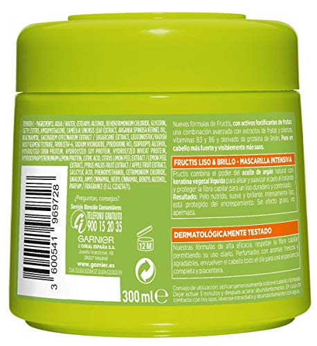 Garnier Fructis Liso & Brillo Mascarilla Capilar Fortificante que Alisa y Nutre, con Keratina Vegetal Líquida y Aceite de Argán - 300 ml