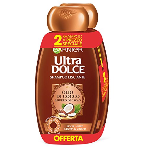 Garnier Ultra Dolce Shampoo de cacao y aceite de coco para cabello liso o alisadora de, sin parabeni, Extracto Natural, 300 ml, 3 paquetes de 2