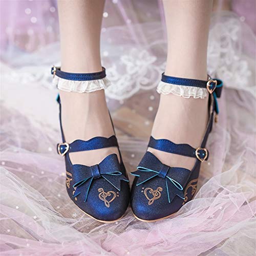 GEMORE Dulce Lolita Calza los Zapatos de Lolita Cosplay Lindo de Las Mujeres del Arco del Medio Gruesos Zapatos de tacón (Color : Blue, Size : 37)