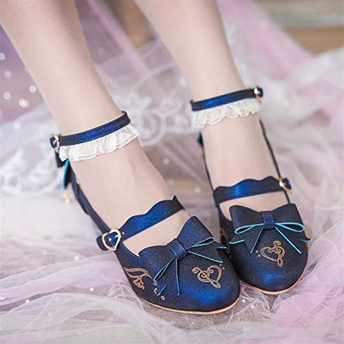 GEMORE Dulce Lolita Calza los Zapatos de Lolita Cosplay Lindo de Las Mujeres del Arco del Medio Gruesos Zapatos de tacón (Color : Blue, Size : 37)