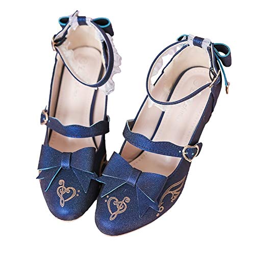 GEMORE Dulce Lolita Calza los Zapatos de Lolita Cosplay Lindo de Las Mujeres del Arco del Medio Gruesos Zapatos de tacón (Color : Blue, Size : 37)