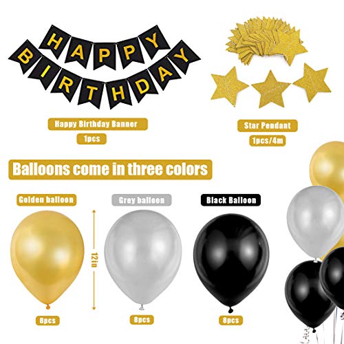 Globos 25 Cumpleaños, decoracion 25 años, Happy Birthday Bandera Feliz Cumpleaños 25 Años, Número 25 Globos de Papel Plata para Hombres y Mujeres Adultos Oro Negro Decoración de Fiesta