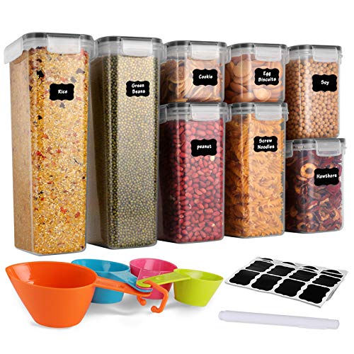 GoMaihe Botes Cocina, Juego de 8 Piezas de Recipiente de Botes Cocina Almacenaje de Plástico de Alimentos Sellados con Tapa, Se Utiliza para Almacenar Cereales, Pasta, Arroz, Harina, Etc