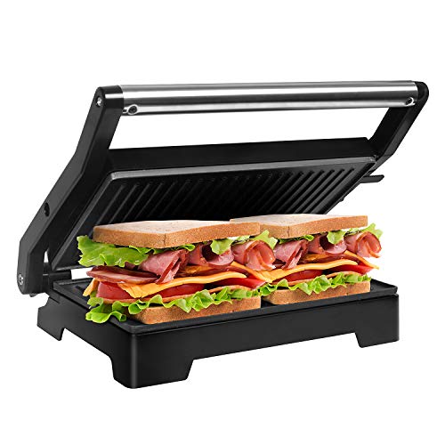 Gotoll Parrilla Eléctrica 1000W,Sandwichera,Máquina de Panini,Tostadora con Revestimiento Antiadherente,Placas de Grill,Asa de Toque Frío,Apertura 180º