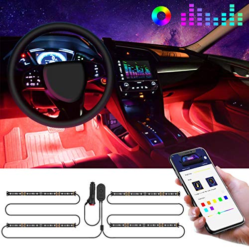 Govee Tiras LED Coche, 4pcs 22CM Luces LED APP Control Dos Líneas de Diseño a Prueba de Agua, Multi DIY Color Música Bajo el Tablero de Instrumentos Iluminación de Coches con Cargador de Coche, 12V