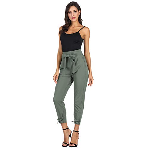 GRACE KARIN Elegantes Pantalones de Cintura Alta para Mujer con Lazo Casual Transpirable Luz Primavera Otoño Gris Verde L Cl10903-12