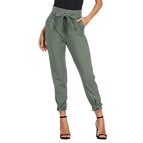 GRACE KARIN Elegantes Pantalones de Cintura Alta para Mujer con Lazo Casual Transpirable Luz Primavera Otoño Gris Verde L Cl10903-12