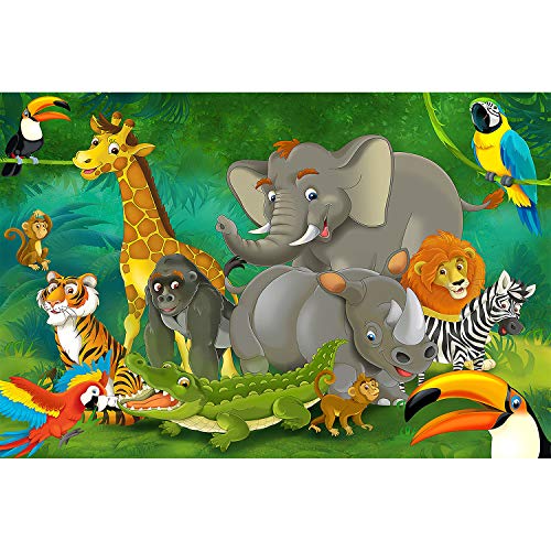 GREAT ART Mural De Pared Cuarto De Los Niños – Jungla Safari – Parque Natural Animales Salvajes Jirafa Elefante Mono Lion Loro Estilo Cómico Foto Tapiz Y Decoración (336 x 238 cm)