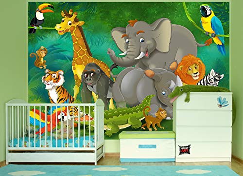 GREAT ART Mural De Pared Cuarto De Los Niños – Jungla Safari – Parque Natural Animales Salvajes Jirafa Elefante Mono Lion Loro Estilo Cómico Foto Tapiz Y Decoración (336 x 238 cm)