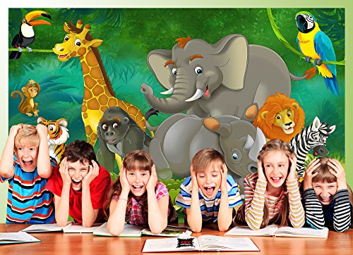 GREAT ART Mural De Pared Cuarto De Los Niños – Jungla Safari – Parque Natural Animales Salvajes Jirafa Elefante Mono Lion Loro Estilo Cómico Foto Tapiz Y Decoración (336 x 238 cm)