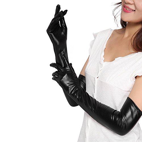 Guantes largos sexys de piel sintética para mujer, color negro, sexy, aspecto mojado, sexy para adulto, de látex, para mujer